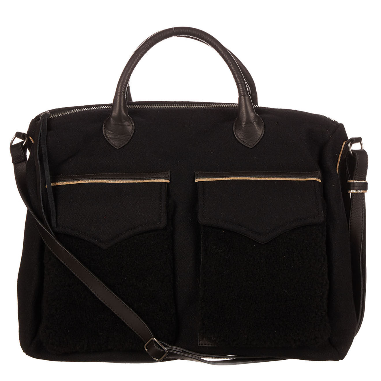 Sac en Tissu poches fausse fourrure noir 37x32x18 cm