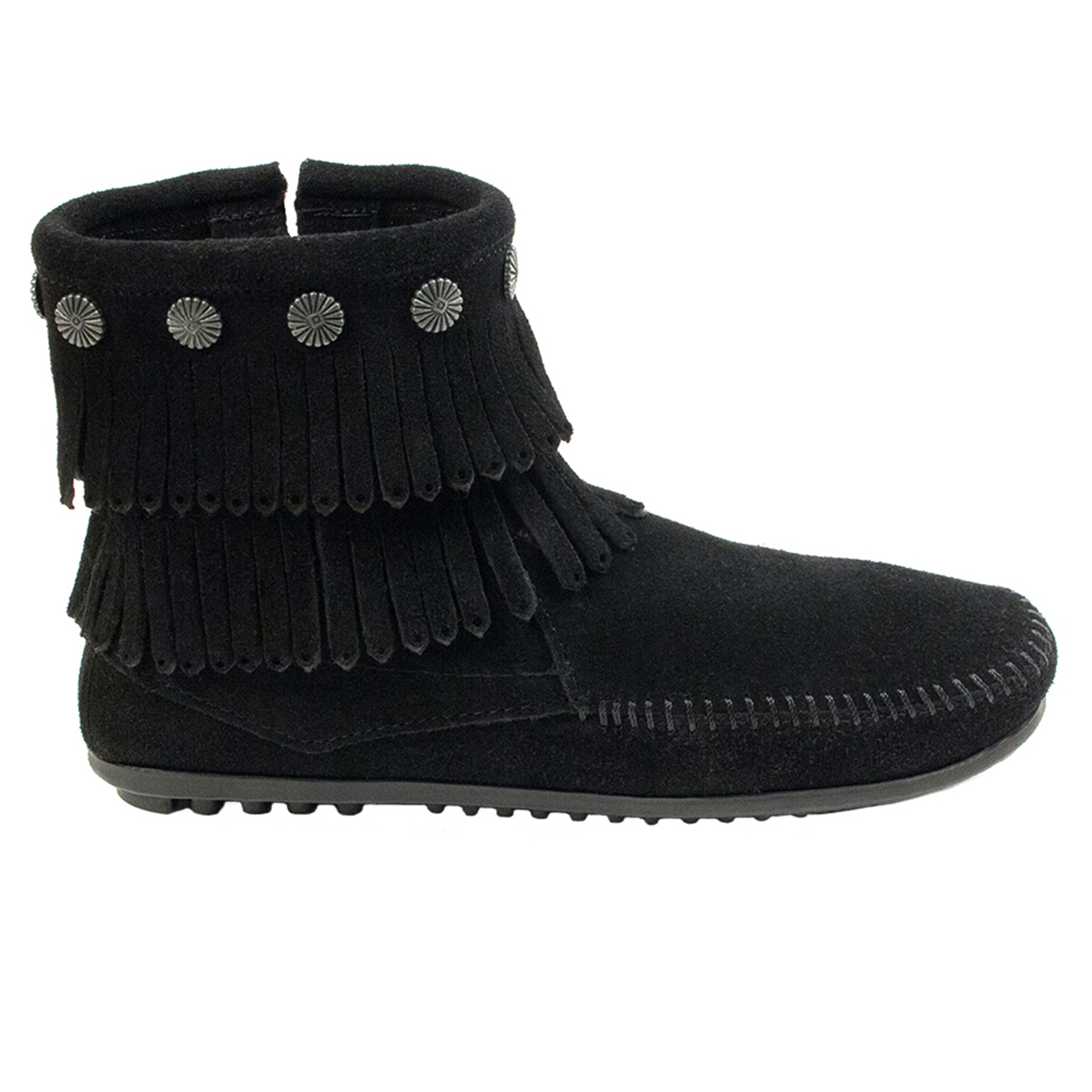 minnetonka - boots en velours de cuir double fringe side zip noires