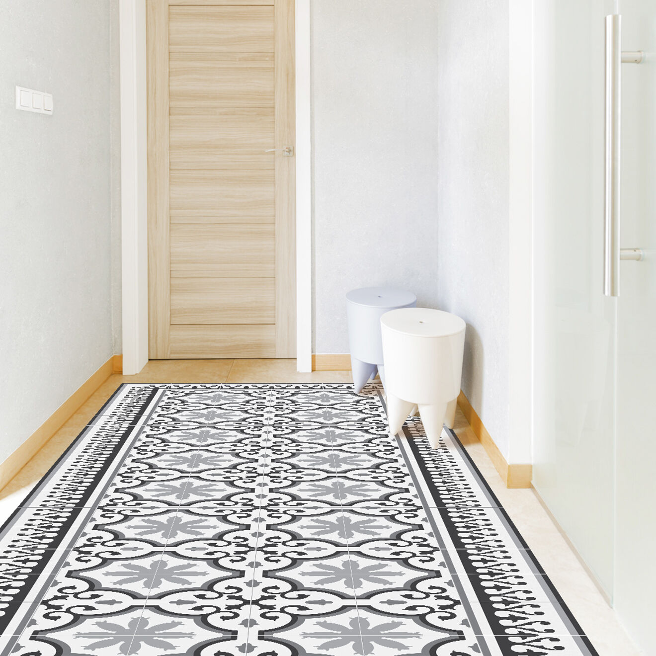 Tapis vinyle Parisian blanc/gris - 80x300 cm