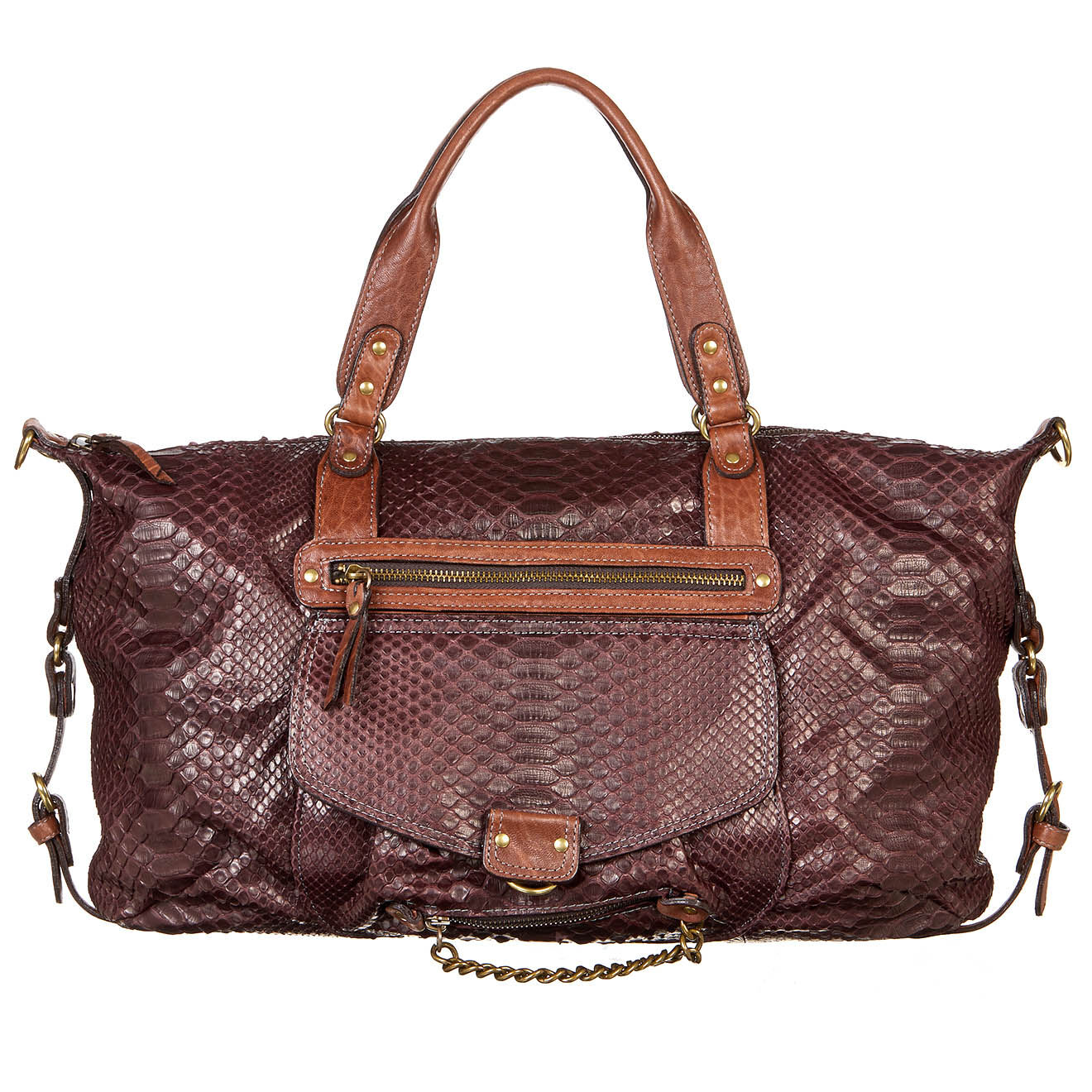 Sac cabas en Cuir d'Agneau & Python Odelia marron - 40x27x12 cm