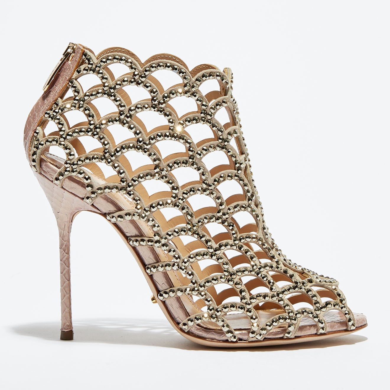 Sandales en Velours de Cuir Royal écailles & strass beige/rose Talon 11 cm