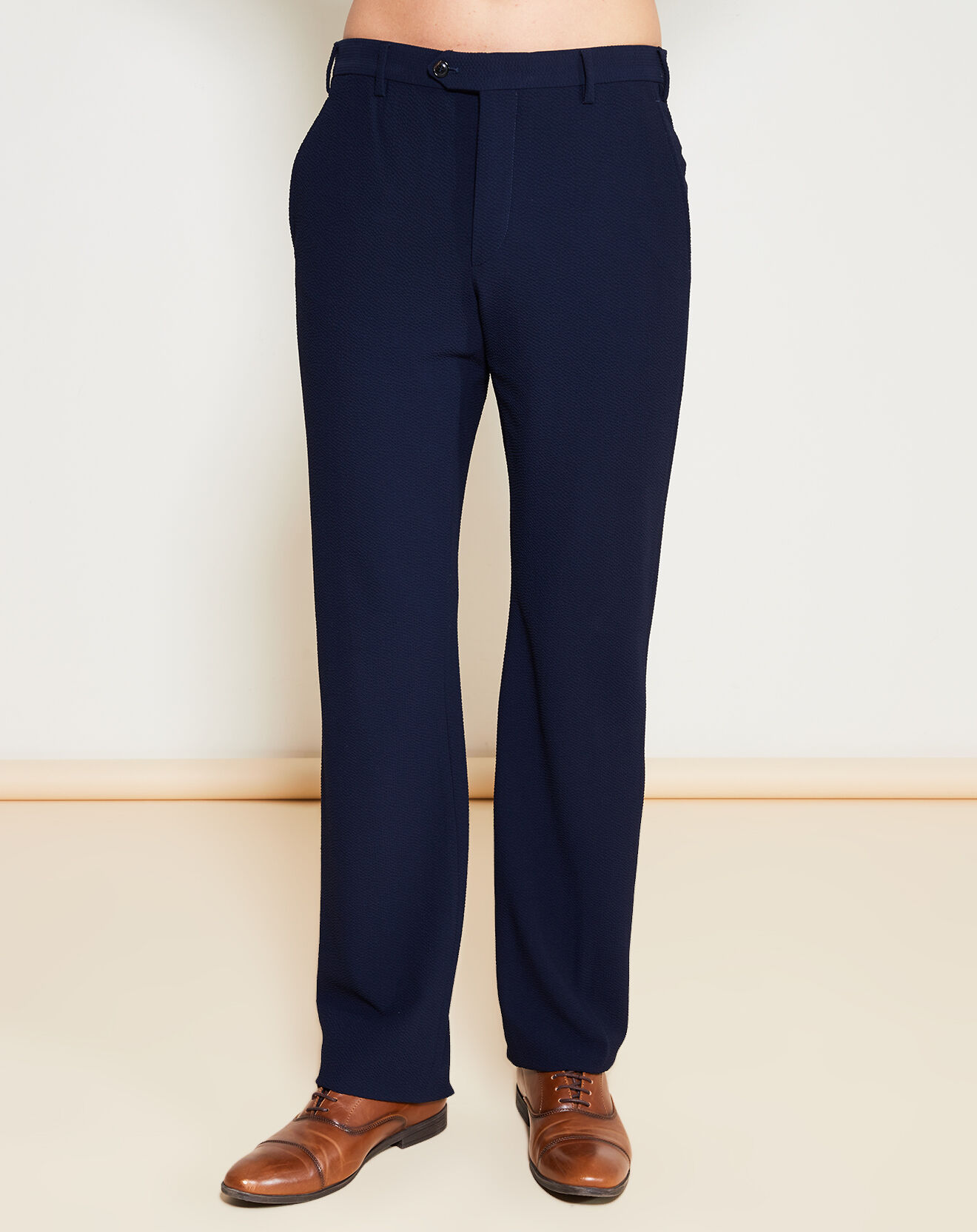 Pantalon coupe évasée texturé en Laine Vierge mélangée marine