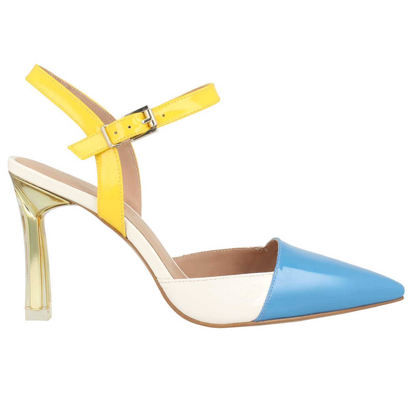 Sling-Back en Cuir Alicia bleu/blanc/jaune Talon 8.5 cm