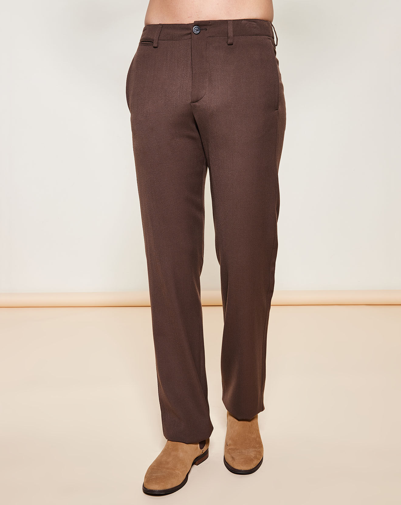 Pantalon coupe droite en Laine Vierge mélangée texturé marron