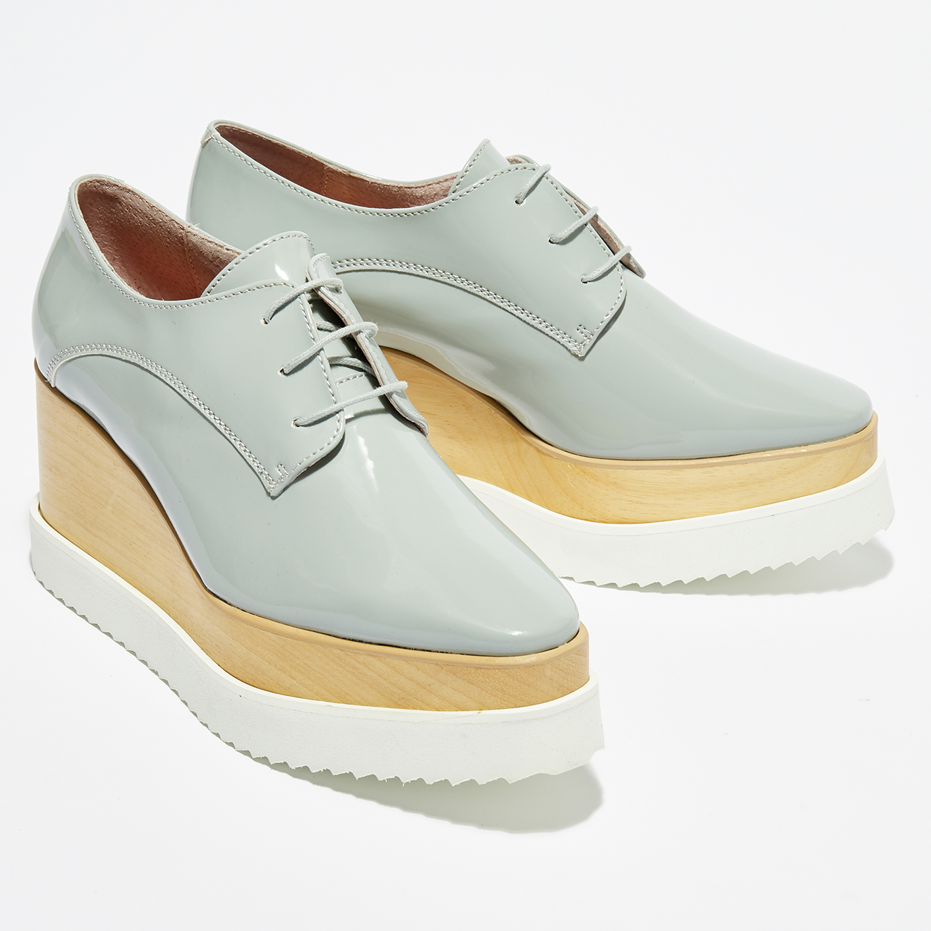 Derbies en Cuir Verni Basile compensées bleu gris - Talon 8 cm