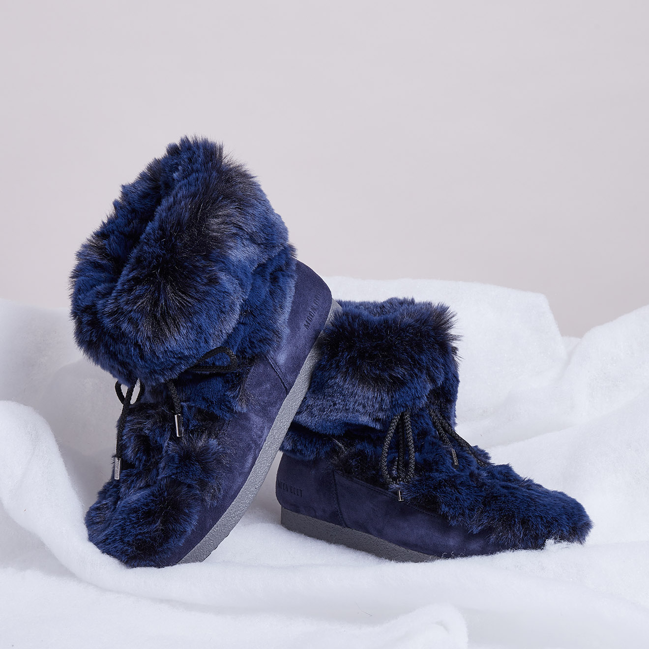 Moon Boot - Boots Après-ski en Velours de Cuir & fausse Fourrure Mid Soft Fur bleu foncé