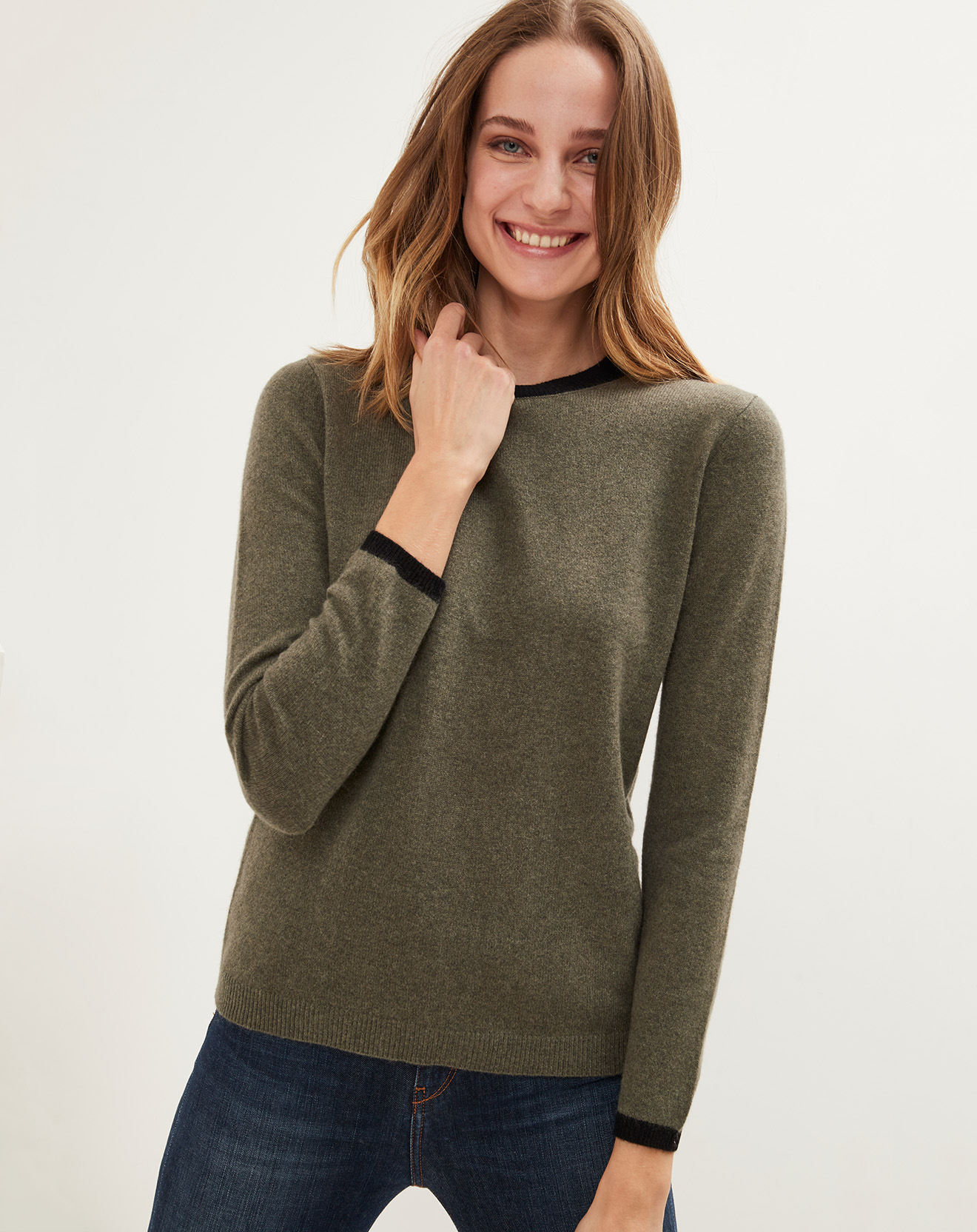 Pull 100% Cachemire col rond bicolore kaki chiné/noir