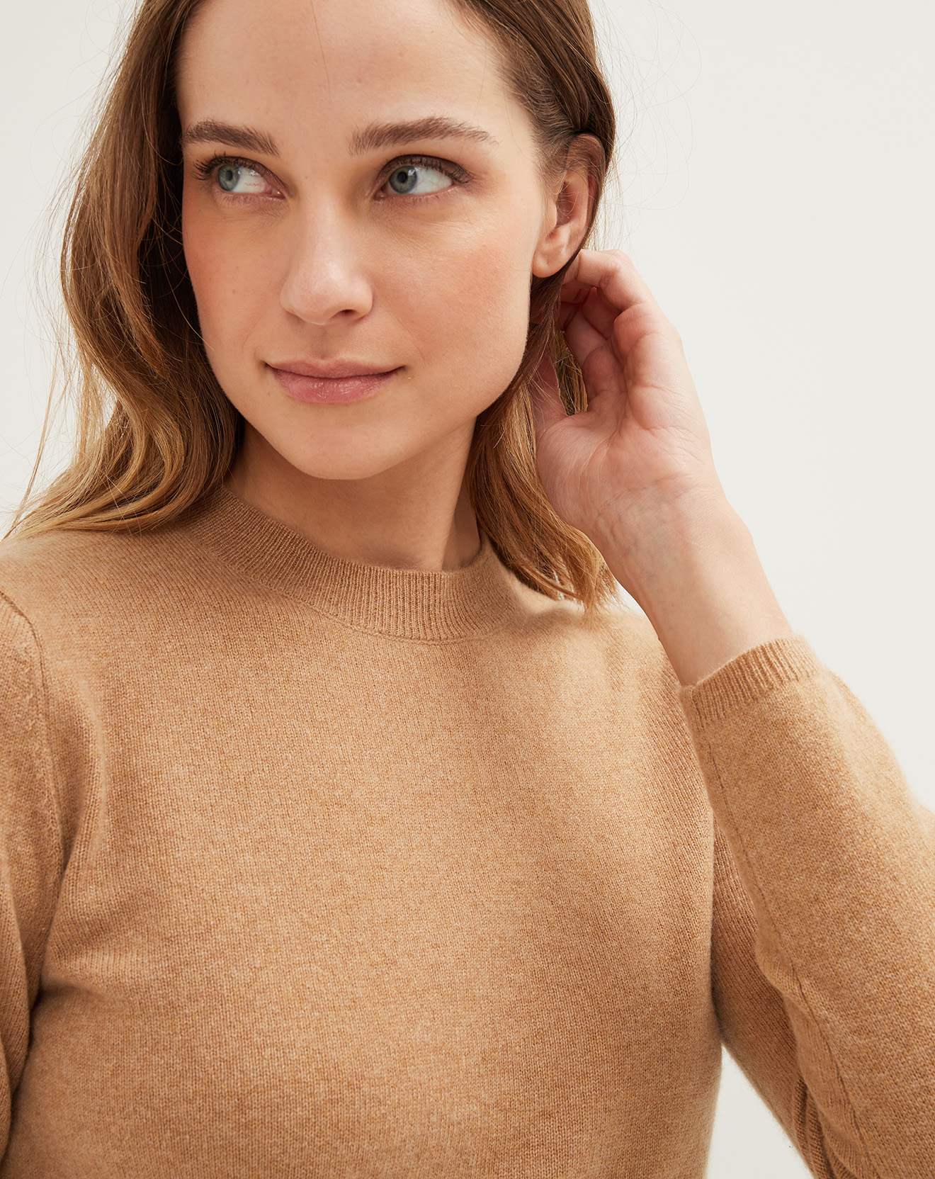 Pull 100% Cachemire col rond camel chiné